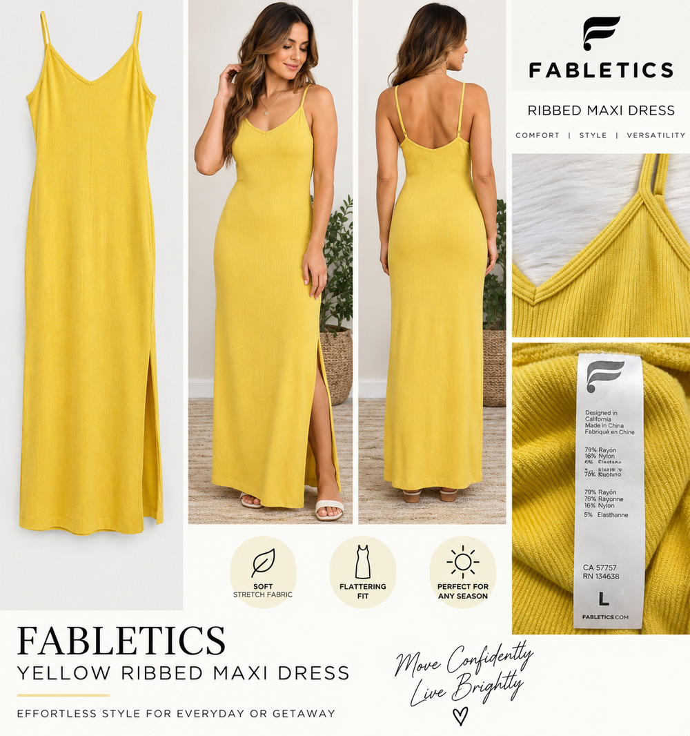 Fabletics Size Large Yellow Ribbed V-Neck Maxi Dress Stretch